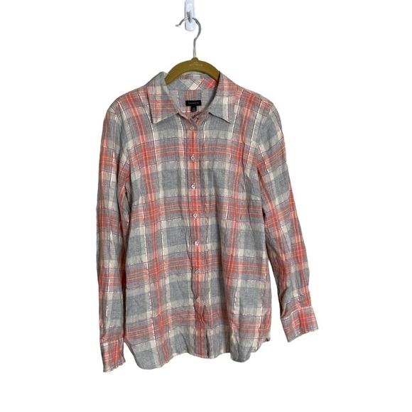 Talbots Plaid Orange Gray Metallic Trim Button Down Shirt XS - Picture 1 of 7